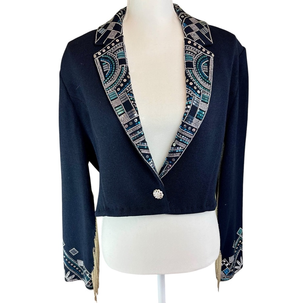 ST JOHN Black Knit Beaded Bolero Jacket Fringe 12 Cowgirl Western Sequin Cropped